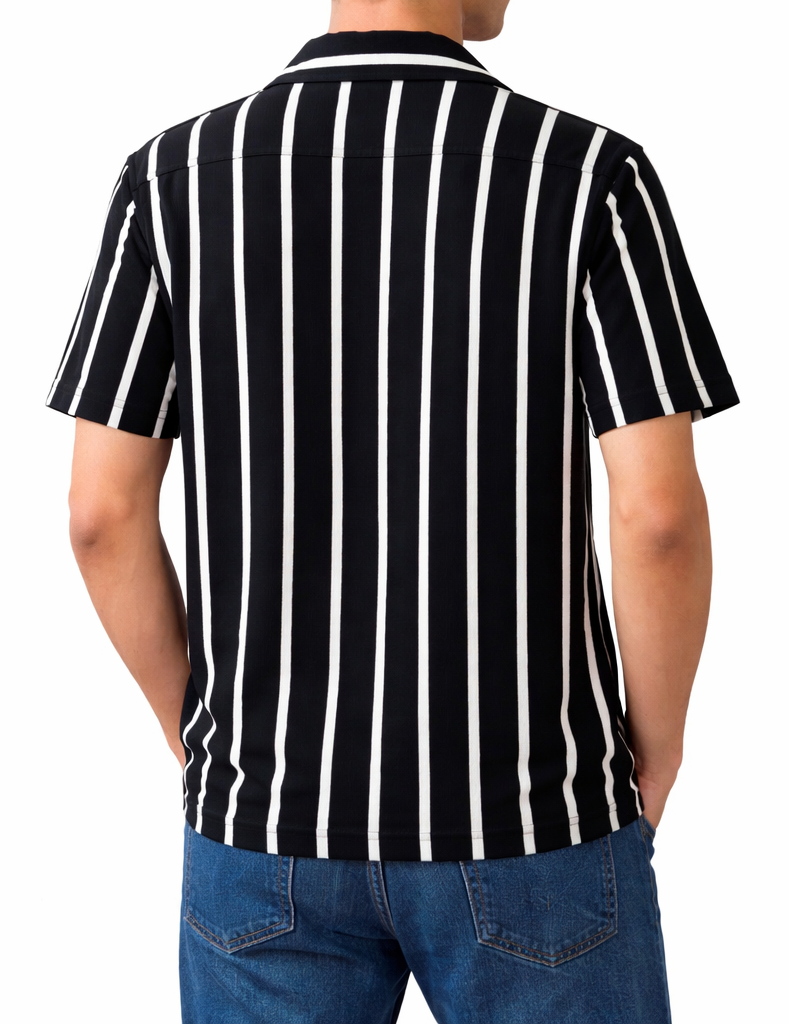 Black and white striped shirt worn by a person on a white background