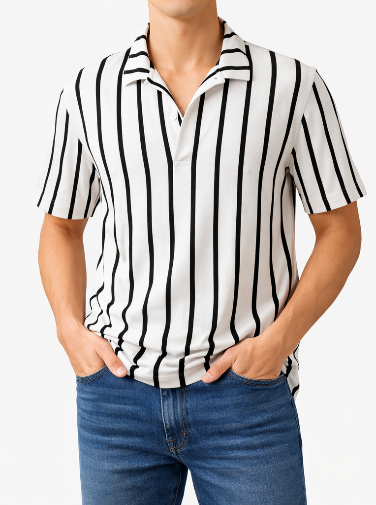 Person wearing a black and white striped shirt with blue jeans on a plain background