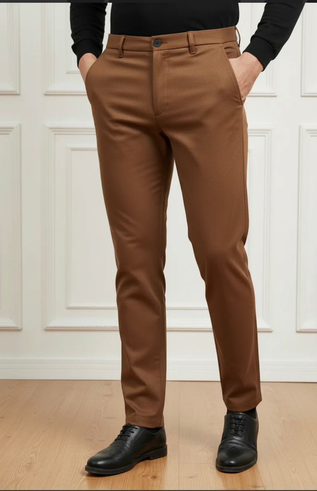 Brown pants worn by a person on a white paneled wall background